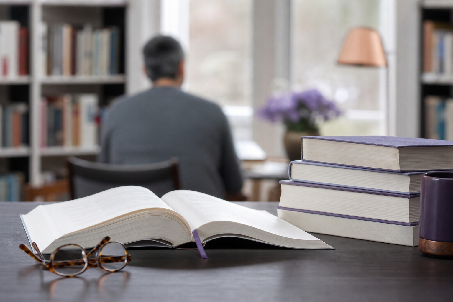 Open naslagwerk en leesbril op een tafel in een rustige bibliotheek