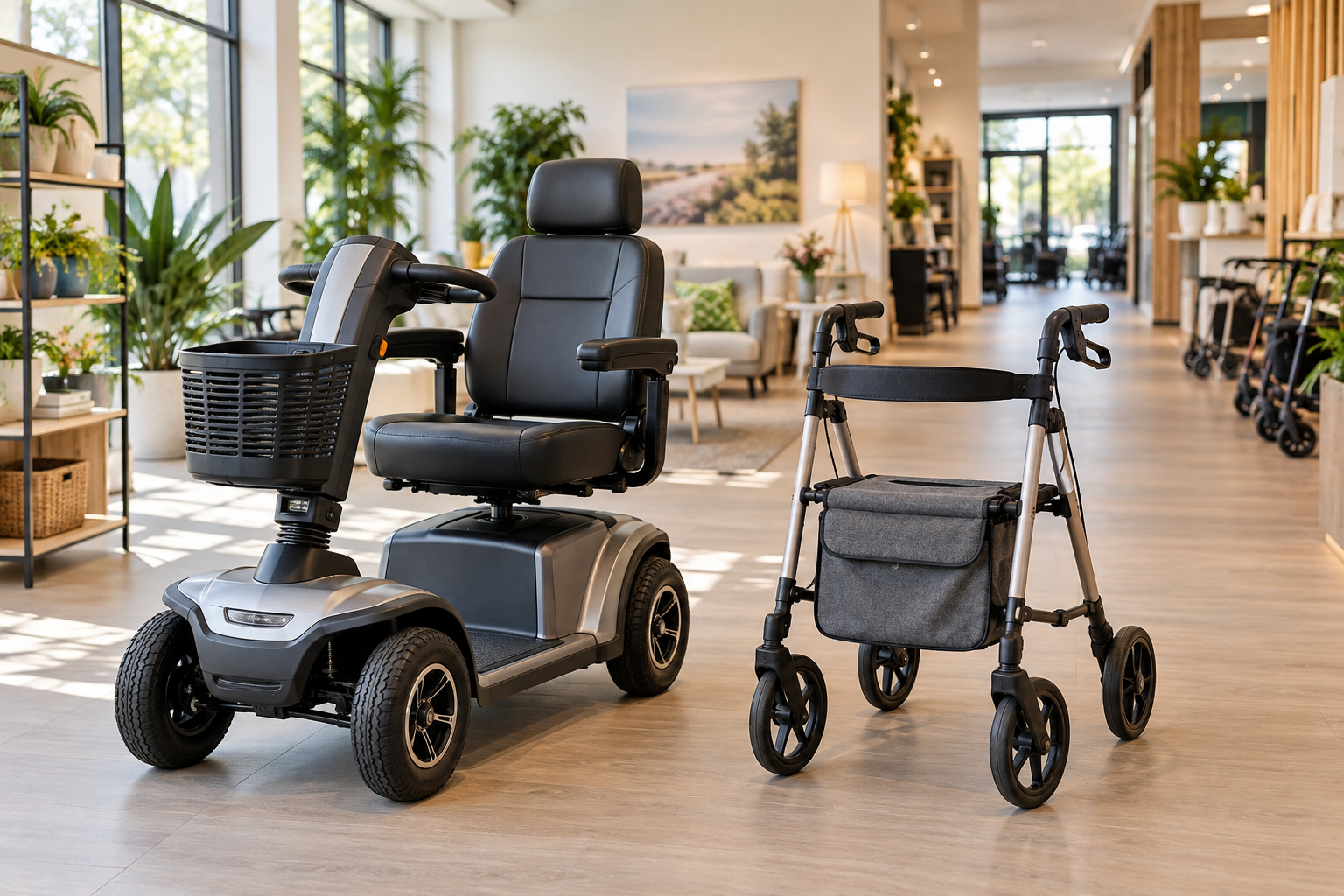Scootmobiel en rollator in een toegankelijke showroom